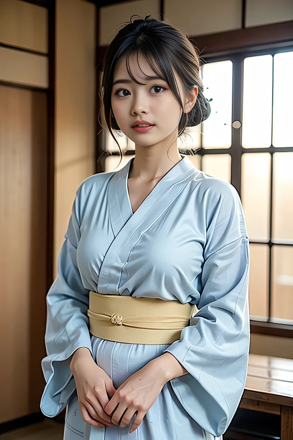 (masterpiece), (top-quality), (naked:1.5), (very small light-blue yukata with open chest:1.5), (super thin fabric:1.5), (blushed face:1.3), (barechested:1.3), (Spilling boobs:1.4), (realistic:1.5), 1 , precise hands, Embarrassed look, Smile, extremely cute girl, baby face, Clear eyes, Shining eyes, small breast, cleavage of the breast is visible, The crotch is visible, No pubic hair, The beautiful skin, ultra-definition, Top resolution, japan high school student, brown hair, at the night festival