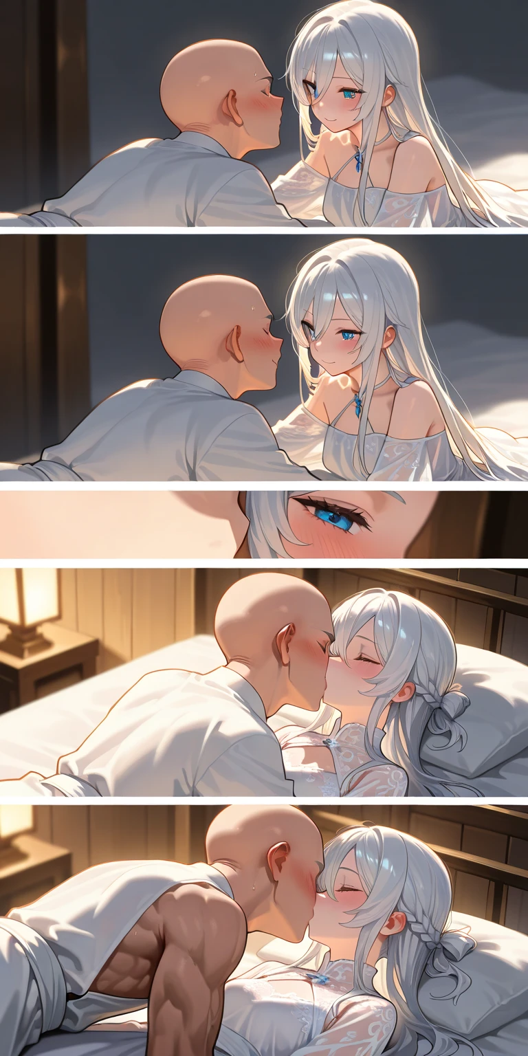 Best Quality , A color, Line art, 1 man and 1 woman, 23 years old, Whole body,-Half body, long, Dark, messy hair., White skin. The sex scene in the manga is cute.: a couple, man and woman having sex in a hotel bed. (( nudes, unclothed))