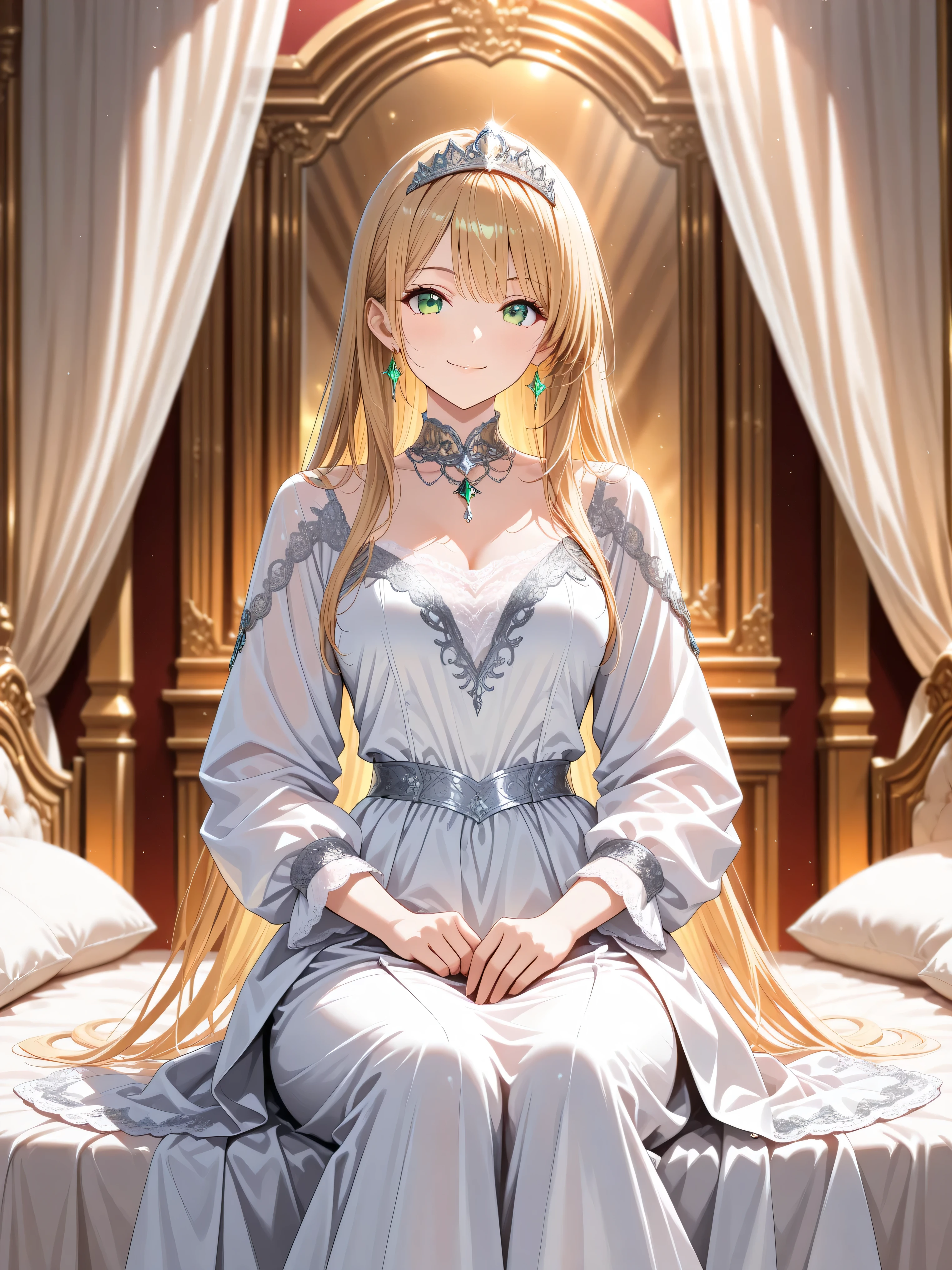 official art ,High Construction ,Hi-Res CG Unity 8K Wallpaper, super high accuracy , high accuracy , Half photo , Silk Embroidery and Film Grain , Best Quality ,8k, viewer , ((masterpiece)), ((Best Quality )), (beautiful), amazing shading, cinematic lighting, high resolution , absurdres , Fashion photography , newest , hyper-detailed , realism , depth of field, extremely clear image , contrasts of light and shadow , 2 . 5D , artistic photography , hyper realistic
,BREAK, booster ,detailer ,Design ,High Construction ,BREAK ,
Luxurious interior ,Large mirror ,canopy bed ,BREAK ,
Short girl ,Fair-skinned, golden hair ,straight hair ,Emerald green eyes ,white dress ,long dress ,Gold embroidery ,Silver Tiara ,light smile ,sitting on the white bed ,