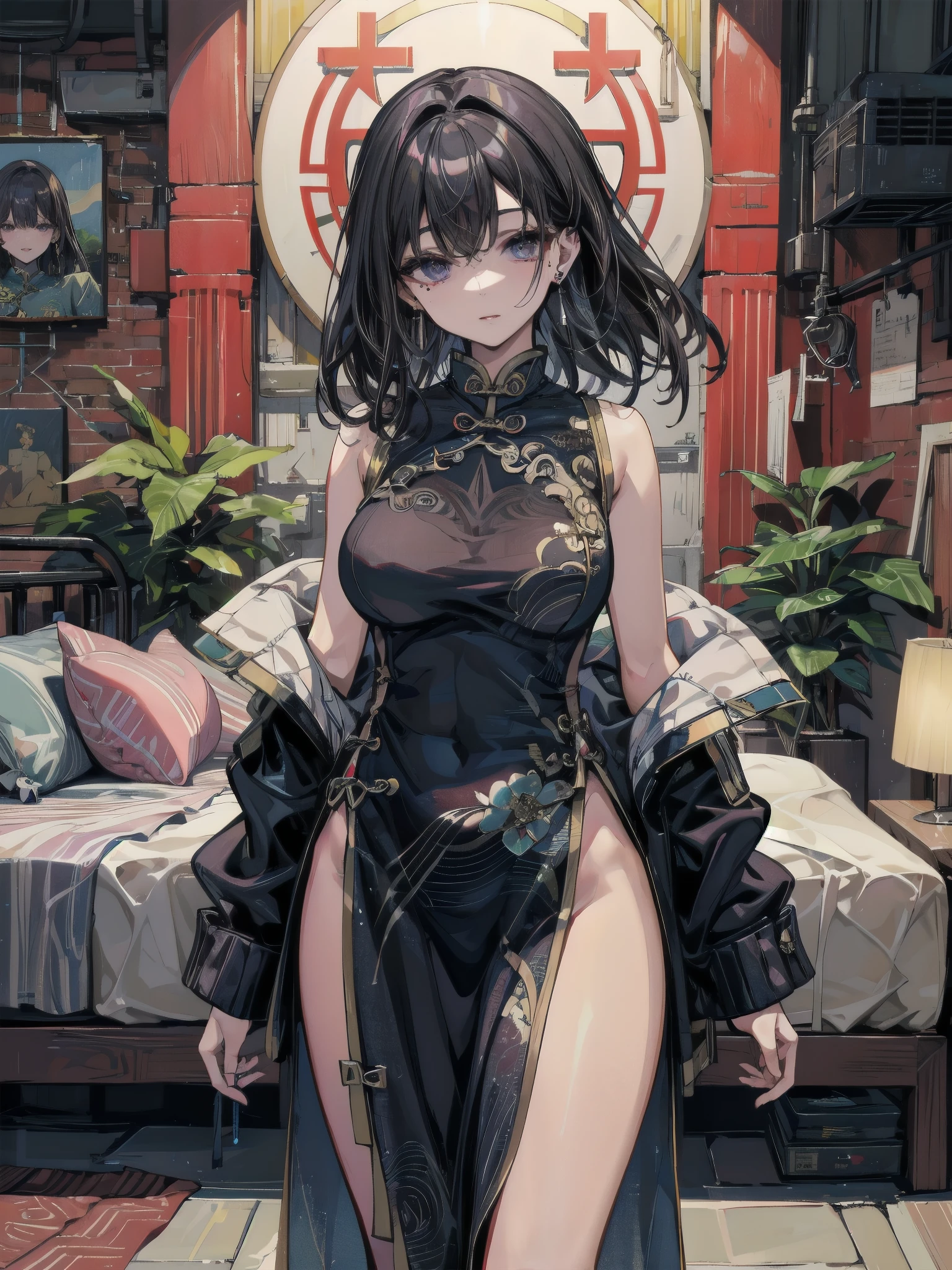 A female empress, with yellow eyes, white militar short hair, with a young face. slim muscular body, but well proportioned, with cracked abdomen, perfectly shaped waist, fleshy but sensual legs. Dress in traditional Chinese clothing decorated in gold with black details, red hanafuda earrings, black string sandal. Kneeling on a bed in an ancient Chinese room, with the moon and stars in the window in the background and with flashes of light reflecting on your body. High definition.Sexy anime in 4K, full-body photos, sensual poses,hot body