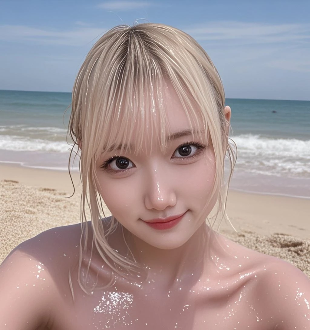A giant in the midle of city, size different, big tits, short hair, silver hair colour, nude, her mouht was open wide