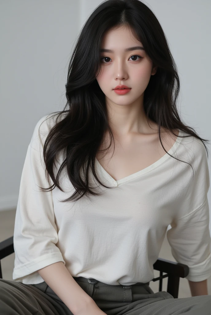 A fair-skinned young Japanese woman sitting on a sofa。He&#39;s wearing a very large, oversized white T-shirt.。Selfie style。