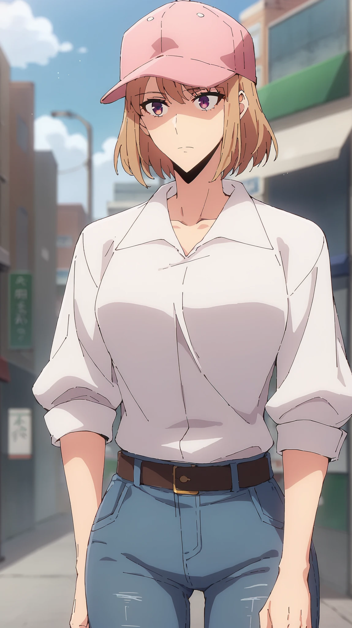 score_9, score_8_up, score_7_up,
Chahein SL,
1 girl, solo, closed mouth,
Gold, medium hair on a plate, purple eyes in gla,
Chahaein casual that is in, collared shirt, white shirts, clavicle, baseball cap, pink headdress, jeans, shirt is tucked in, brown belt,
standing, Staring at viewer , gap,
Outdoors, city, street, blurry background with 100 bodies