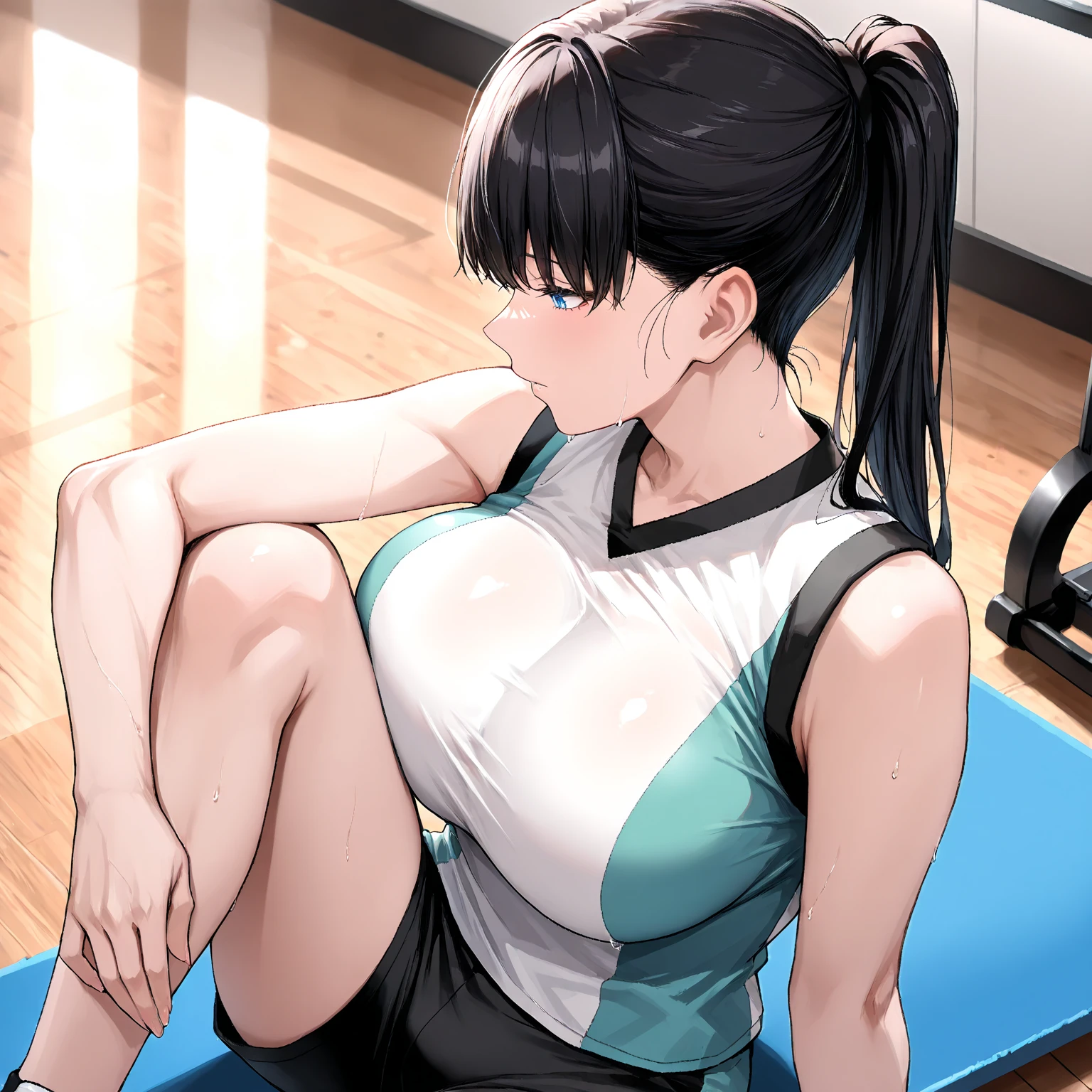 (masterpiece), best quality, expressive eyes, perfect face, gym, workout, hot, sweating, sweaty, tan, big boobs, tan skin, flustered, blush, purple clothes, see thru, yoga pants, black hair, curvy woman , black hair , straight hair, purple eyes, emberased, purple hair, purple eyes , big oreaole, ultra hd,