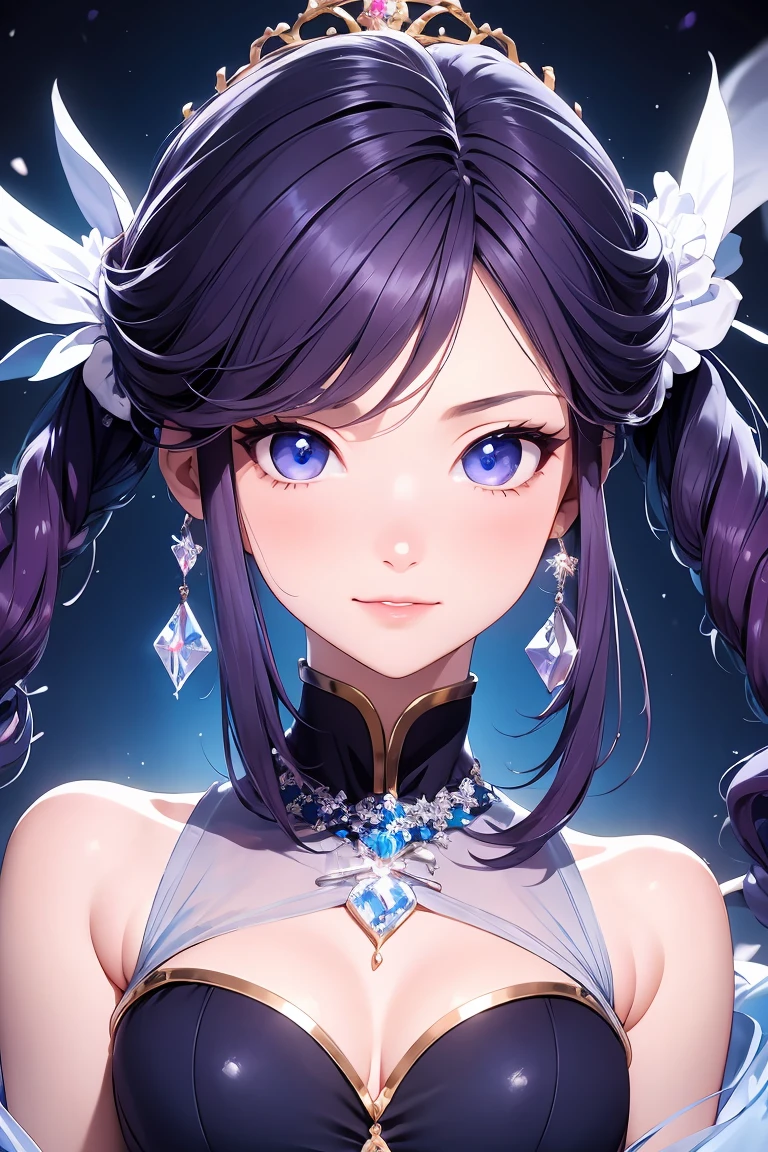 A 20-year-old Japanese idol with a delicate and beautiful face, large eyes, and translucent skin is singing on stage in an idol's costume and with an enchanting expression on her face. A gentle, warm light surrounds her. The background is filled with soft out-of-focus light, and the pale blue and purple tones create a dreamy, serene, and enchanting atmosphere. Sweat glistens and surrounds her, enhancing the fantastic and ethereal atmosphere. Emphasis on the armpits