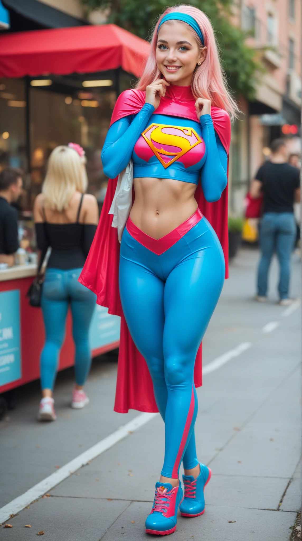 Caucasian woman, blue eyes, big eyes, lined eyes, blue-black hair, wavy hair, long hair, athletic body, lycra leggings, (((red leggings))), (((blue top))), wet top, (((translucent top))), visible nipples, (((small nipples))), medium breasts, sports shoes, (((red shoes))), standing, in the park, sweat, crowded park, frontal shot.