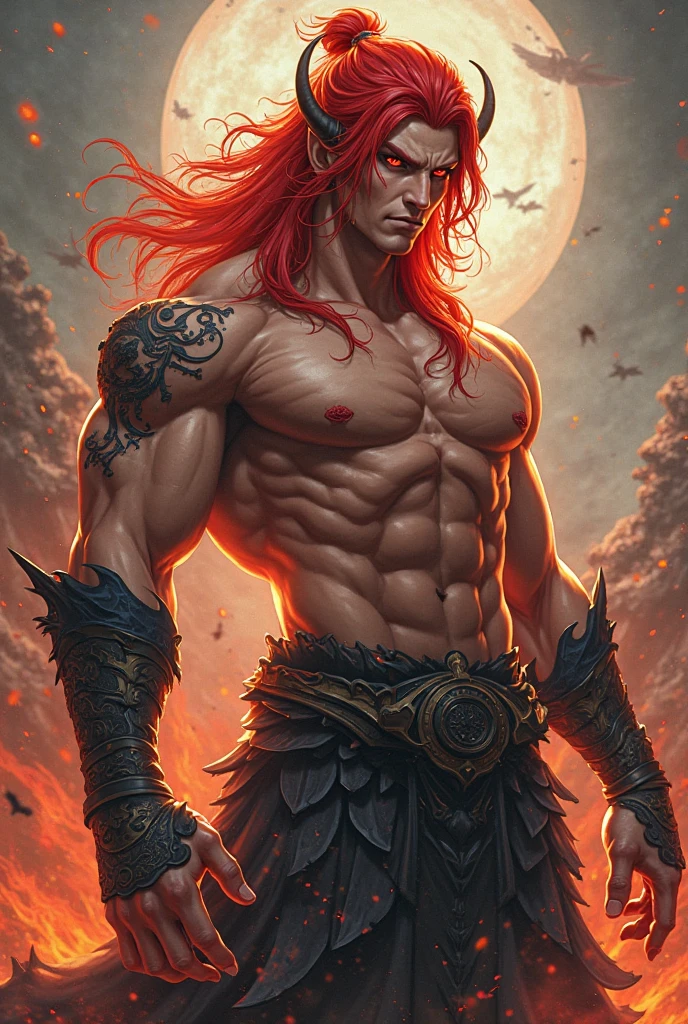 1man, tall muscular man, caucasian, tanned skin, muscular, long red hair, grey eyes, wearing belt, loincloth, and jeweled leather harness with intricate amulet, on high ground, raising sword over head, orange sky, two moons, rust colored desert, ruined stone city towers in the distance, bokeh, raytracing, realistic textured skin, particle effects, depth of field