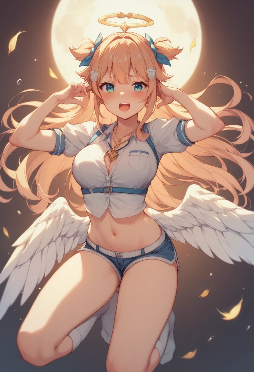 japanese anime style。illustratio。Dark Fantasy。White feathers。girl with。a blond。undergarment。natta。battle field。Colossal tits。pubick hair。teats。a miniskirt。A little angry。Squatting and crotch open。