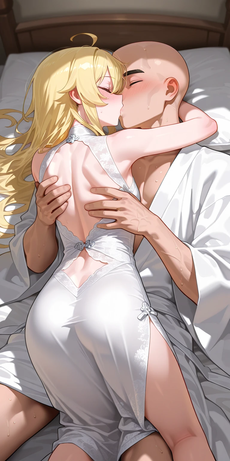 ((Highest quality)), ((masterpiece)), (detailed), （Perfect Face）、The woman is a thiayu with green eyes, medium-long blonde hair and an engagement ring. She takes off her clothes and gets naked on the bed, straddling the man and inserting his penis into her pussy, making him ejaculate. The couple is having sex and the man and woman are making love, climaxing with pleasure.、The woman is wearing a gorgeous, dazzlingly jeweled wedding veil, a gorgeously jeweled wedding headdress chain, gorgeous jeweled earrings, and other gorgeous, glittering accessories, and is in her marital bedroom with a dignified, bearded, elderly man.、The man is a naked, dignified, bearded old man, very wealthy and wearing an engagement ring.