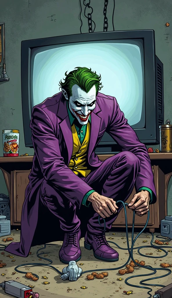 gotham city la nuit ou il y'a le Joker qui fume une cigarette blanche avec les yeux rouges sur un toit assis sur une boite ou il y'a ecrit dessus Moula Weed et dans le ciel une projection ou il y'a ecrit Gotham Coffee35 avec une feuille de cannabis en blanc entouré d'un rond en cartoon