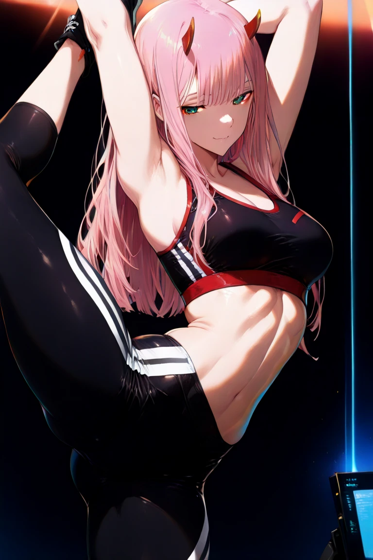 Young boxer、long pink hair、piggy back, brunette、Black sports bra and shorts、Boxing gloves、With penetrating gaze、blue eyes, Boxing posture、Waist、Boxing gym in the background, muscular belly, muscular legs, body photo whole, barefoot