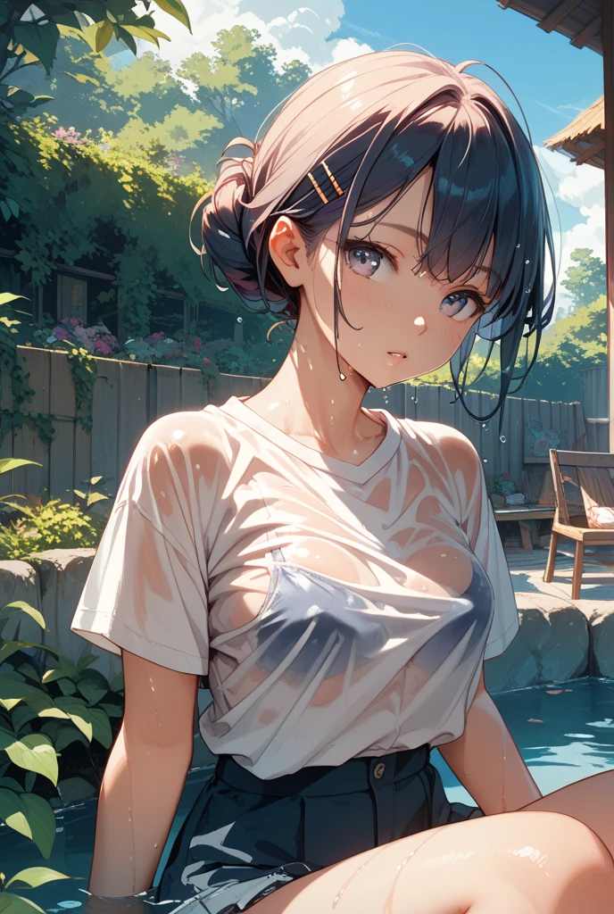 Highest quality、High resolution、Detailed Background、Beautiful face in every detail、Anatomically correct、Detailed eyes、Teenage beauty、Highly detailed face、(Huge breasts:1.2)、Brown Hair、Black Hair、Bobcut、ponytail、Braided long hair、well-groomed eyebrows、Perfect body line、(Two beautiful girls sweating all over in the heat:1.5)、
Scorching summer day、Sweaty forehead、I feel short of breath in the muggy air、
The sweltering heat is draining my strength、I'm thirsty and want a cold drink、
I turned on the electric fan at full speed and desperately tried to cool myself down.、Even if you take refuge in the shade、Even when I feel lonely in the sunlight, I jump into the cold water for a change of pace.、But the brief feeling of exhilaration soon fades away、
I will not give up and continue to persevere in order to beat this heat.