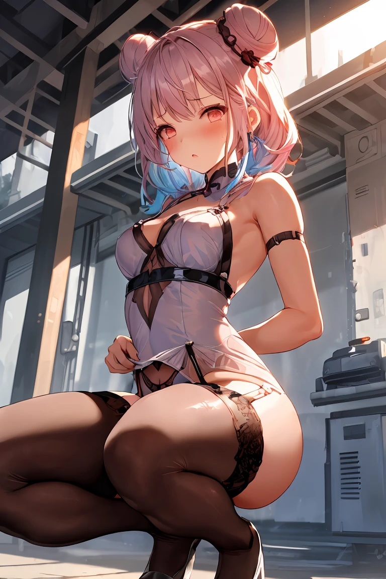 ((Best quality)), ((masterpiece)), (detailed:1.4), 3D, an image of a beautiful cyberpunk female,HDR (High Dynamic Range),Ray Tracing,NVIDIA RTX,Super-Resolution,Unreal 5,Subsurface scattering,PBR Texturing,Post-processing,Anisotropic Filtering,Depth-of-field,Maximum clarity and sharpness,Multi-layered textures,Albeo and Specular maps,Surface shading,Accurate simulation of light-material interaction,Perfect proportions,Octane Render,Two-ton lighting,Wide aperture,Low ISO,White balance,Rule of thirds,8K RAW,long braid on one side,wet panties,Take the floral panties,white panties,can saw a trace on my underwear vagina,Pink floral panties,two leg only, panties is very wet,The panties are so sheer you can see the pussy,(idle),Spread legs,can see the pussy from panties,black stockings,black garter belt,zoom in pussy,very huge breasts,Breasts as big as watermelons,tight legs,big labia majora pussy,Put hand on the genital area where you are wearing underwear,two women,big tits,There was another woman who was naked Another woman was wearing white lingerie with a floral pattern,very big breasts,big clitoris female genitalia, sci-fi shirt,pubic hair,There is a small tattoo above the genitals,Lace patterned panties,The pussy is dark in color,There is a lot of white hair on the pussy,There is sweat on the body,Pulling up panties to show her pussy,white color hair women,(white color panties),white short skirt ,lots of white fur,Spread your legs and kneel,Both hands were tied with handcuffs.