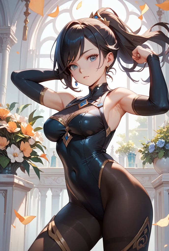 solo, masterpiece, best quality, agrias, grey sweater, black leotard, standing, looking at viewer, short hair,oculos,evil smile, evil look, chun li,luvas preta,roupa azul,yandere rosto,low lighting,coxa sarada