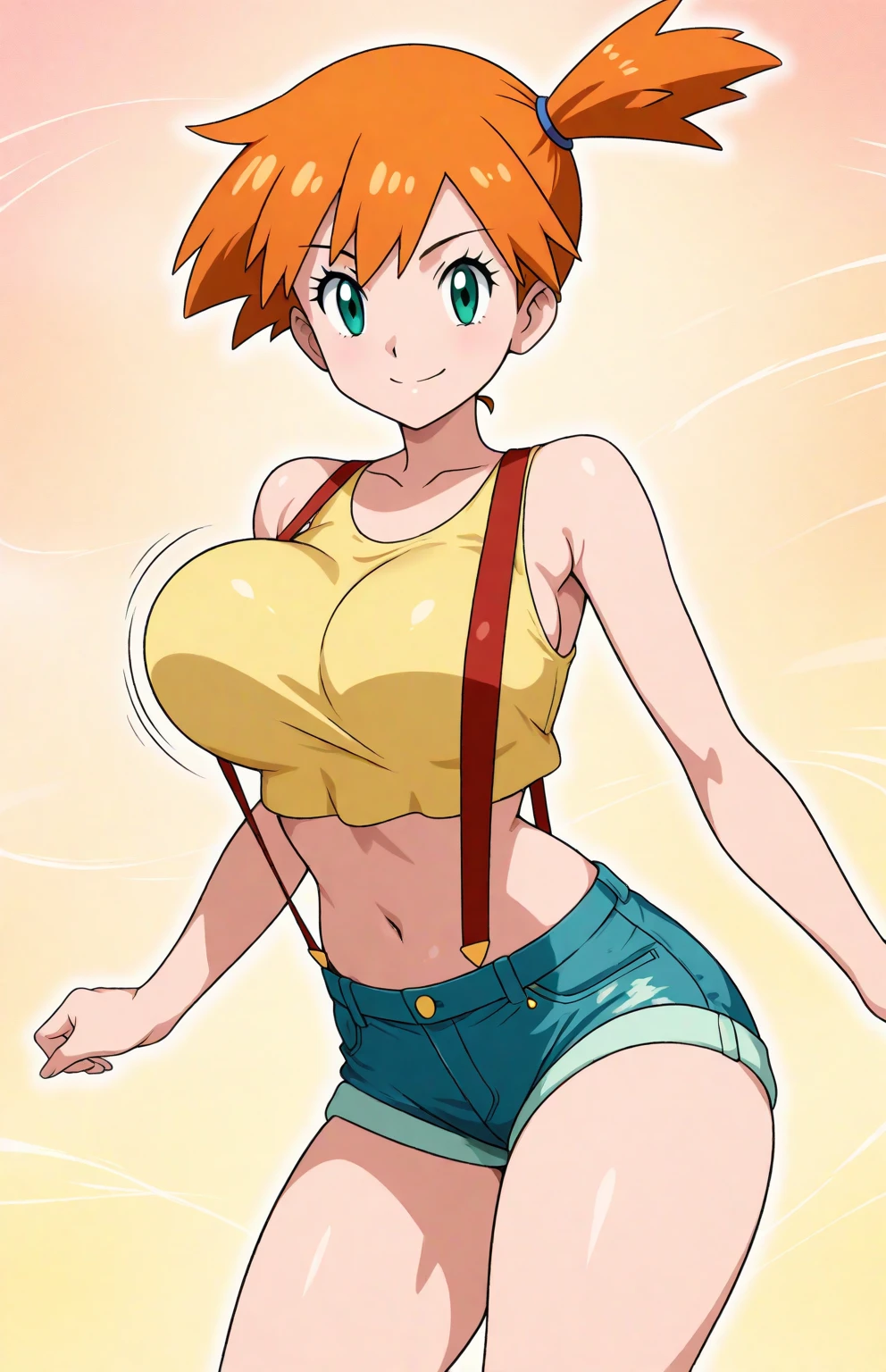 score_9, score_8_up, source_anime Bibl3, cute bimbo, busty shortstack, misty \(pokemon\), orange hair, huge breasts, bouncy breasts, breast expansion, pokies, wide hips, viewed from front, standing in field, pouty, raised eyebrows, blushing, looking at viewer, open mouth, thick lips, yellow tank top, red suspenders, denim shorts, cameltoe, full lips, vivid lips, detailed eyes, detailed face, cute girl, forest, morning, cross_section(ovulation).
