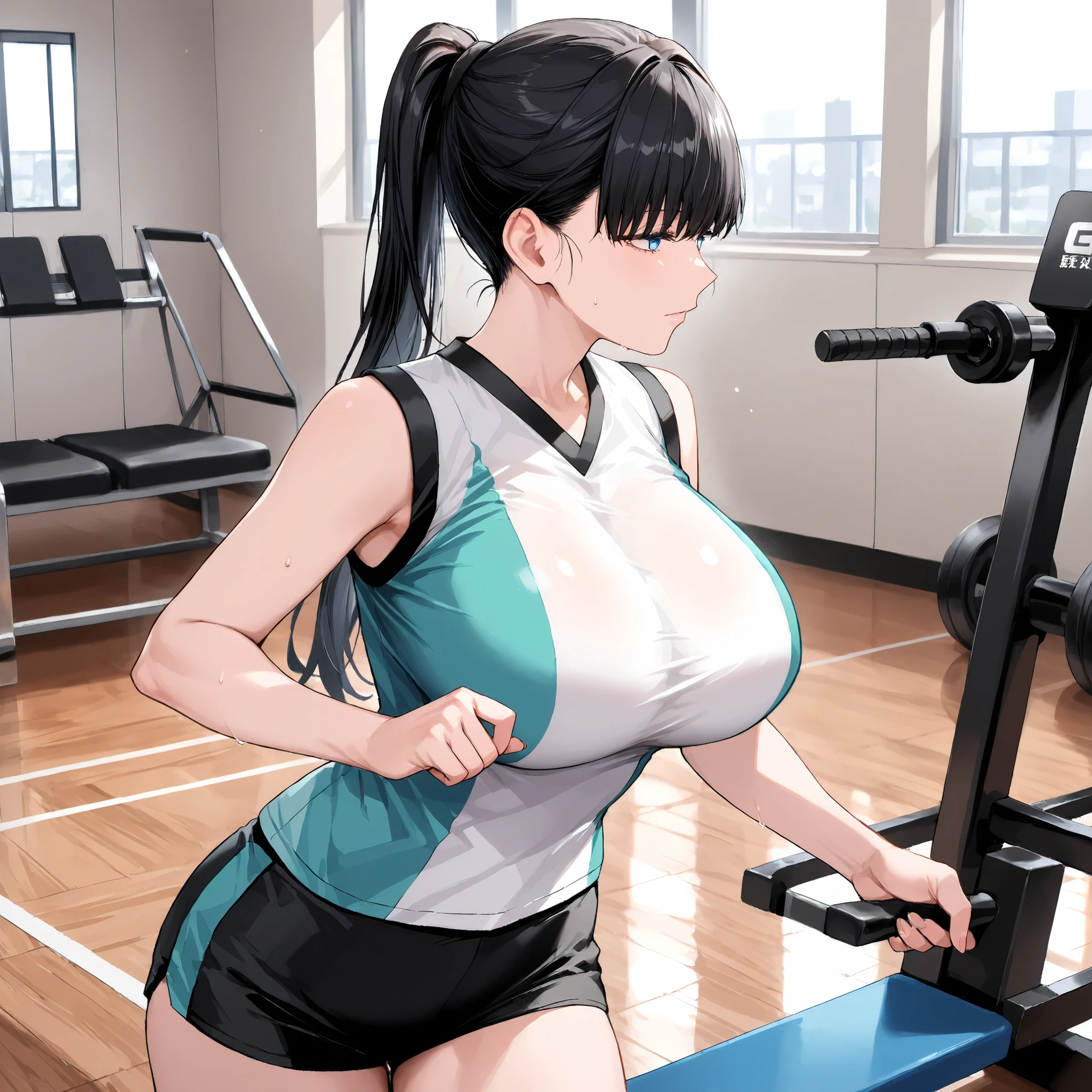 ((solo)), 見ている人を見る,(( 下から見た)),masterpiece,best quality,ultra high res,photorealistic,8K UHD,hyper-detailed, masterpiece,(realistic:1.6), RAW写真超高解像度,
best quality,
amazing quality,
hyper-detailed,
anime screencap,高品質傑作, 解剖学的に正確な, 美しい顔, 完璧な顔, 非常に詳細で美しい顔と目, 魅力的な顔, 詳細な顔, 繊細な顔立ち, 魅力的な, 誘惑な表情,1 girl, (toudouakira, 若い女性,black hair, high ponytail, blue eyes, long hair,very large breasts,健康の肌,volleyball uniform, black shorts, sleeveless,),break,
健身房的日常風景,肌肉重量訓練,舉重設備,跑步機,gy3m
indoors, gym, treadmills, exercise mats,
{{open leg}},detailxlSimplePositiveXLv3, lms, from side view ,