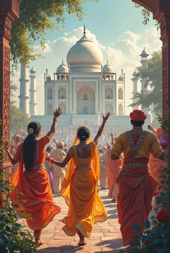 "Create a vibrant and detailed artwork that captures the essence of India's cultural heritage. Incorporate elements such as traditional architecture, vibrant festivals, classical dance forms, and intricate textile patterns. Use a harmonious blend of colors to represent the diversity and unity of India's cultural traditions. Include iconic symbols like the Taj Mahal, intricate rangoli designs, and scenes from traditional ceremonies to evoke a sense of historical depth and cultural richness."