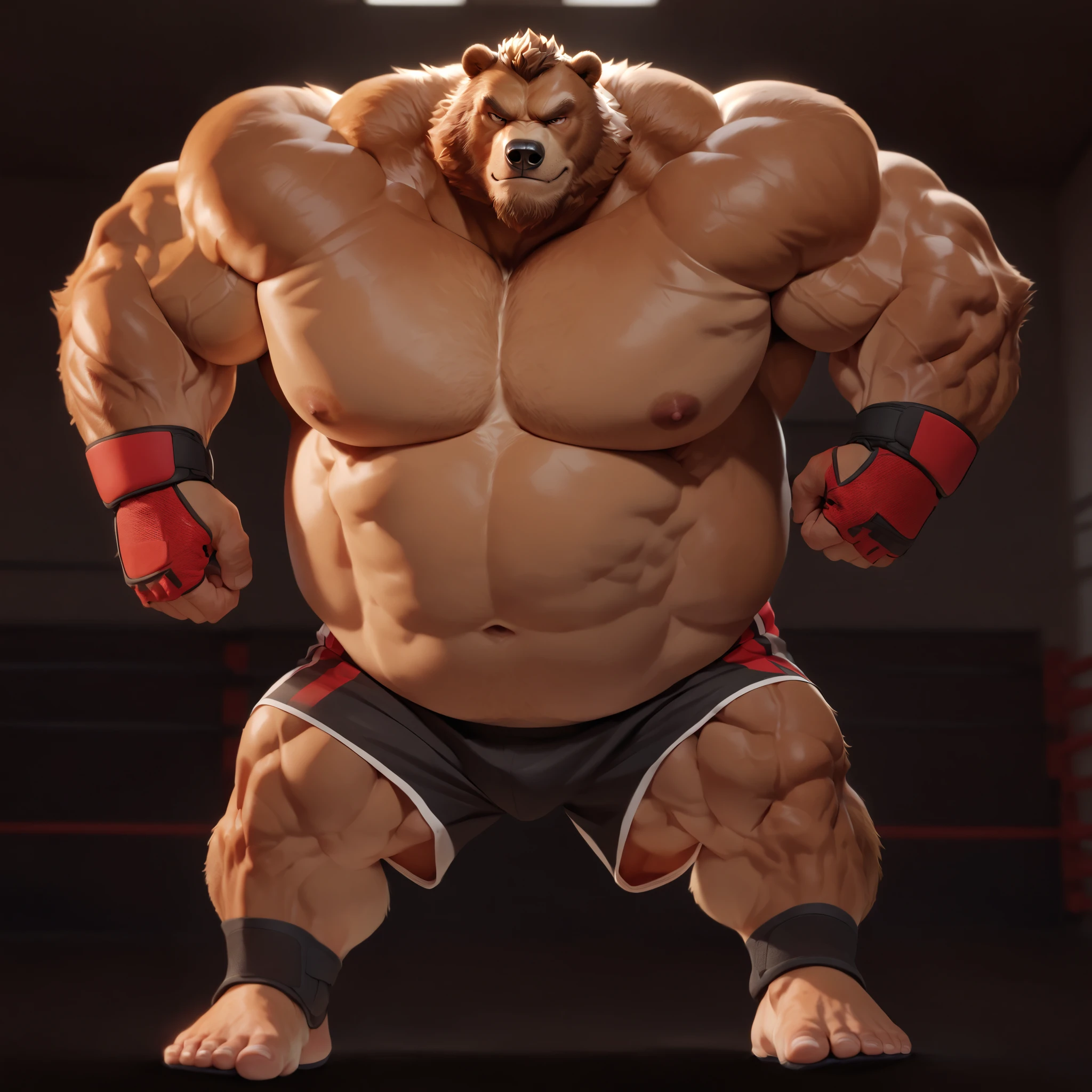 solo, 1boy, Huge Muscular Old Grizzly Bear wearing glasses, correct anatomy, steroid, pectoral, huge pectoral, wide pectoral, short white hair, black gym short pants, black wristbands and black black tank top , bearded, Mustache, gymnasium background, masterpiece, high detailed, 8k, high resolution, at the gym, bending and lifting heavyweights