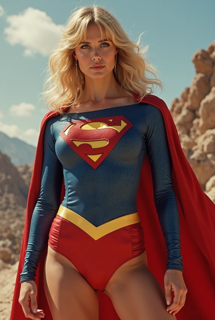 Obra maestra, una mujer hermosa, (((foto de cuerpo completo))), (((Supergirl 1984))). mini vestido blanco, ombligo expuesto, (grandes bestias), (cuerpo perfecto), (cabello largo y rubio), exterior, (textura de la piel: 1.1), mejor calidad, ultra high resolution, raw photography, Nikon D850, backlight, aro de luz, luz solar brillante, film grain: 1,2, (warm tone, warm tone: 1,2), (foto en color), medias, tacones de aguja, athletic build.