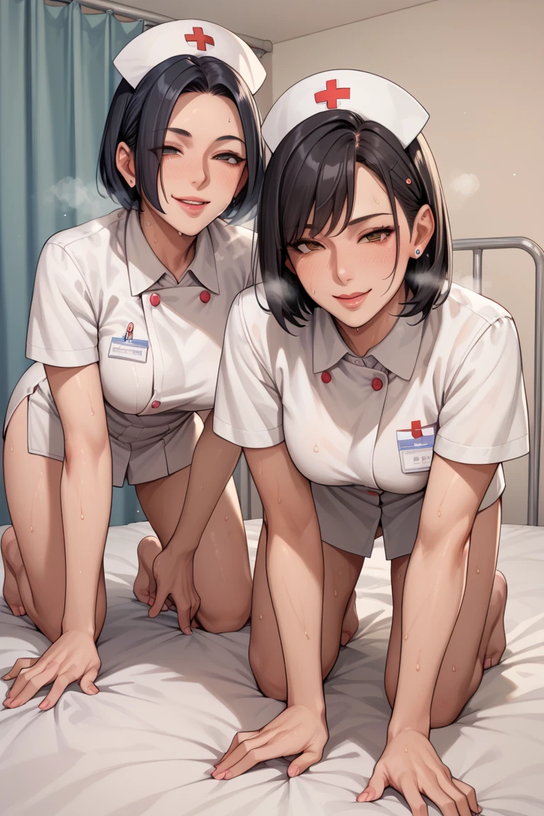 2girls,roromiya,ririchiyo, flat chested, sweaty, stripping off nurse uniform, in a changing room,masterpiece, best quality