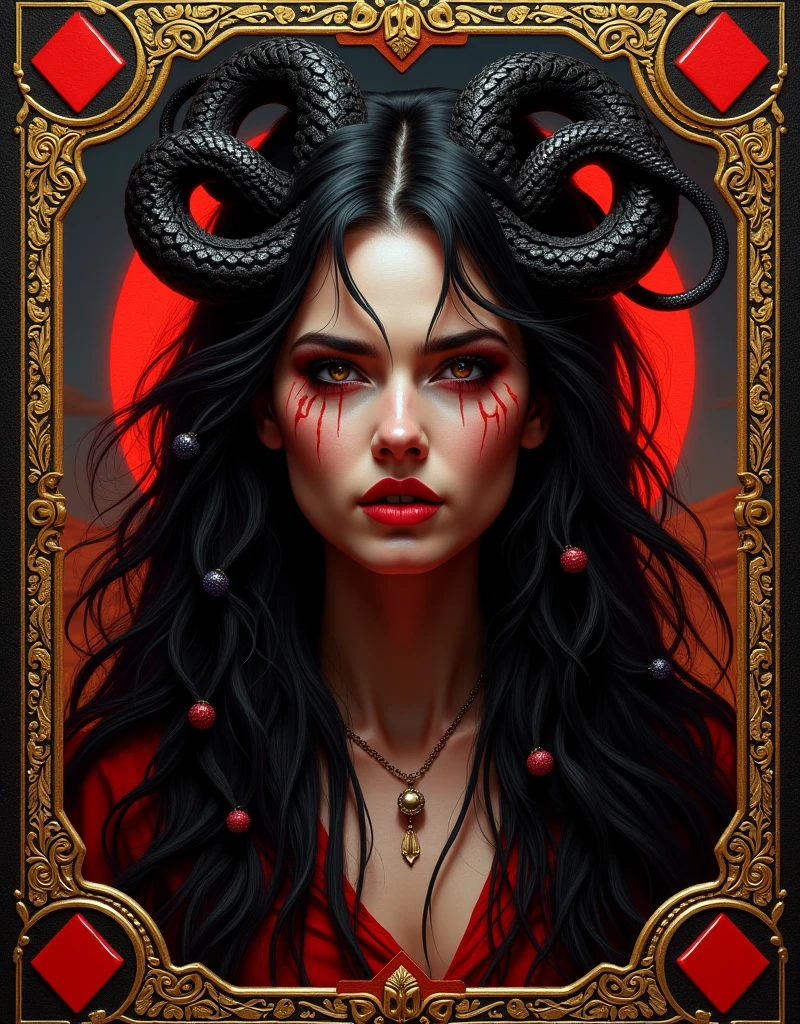In the style of a realistic RPG, a demonic character, a woman of the tiefling race devilishly wears torn clothes and a grim reaper's cape, The woman has fair skin tone with a devilish expression. long hair, purple curly hair with red tips, his right eye is purple with a pentagram bleeding from the pupil and the other eye is red. large red horns surrounding its head. Pentagram and skull tattoos on face and body, freckles, lipstick and small mouth, piercings.