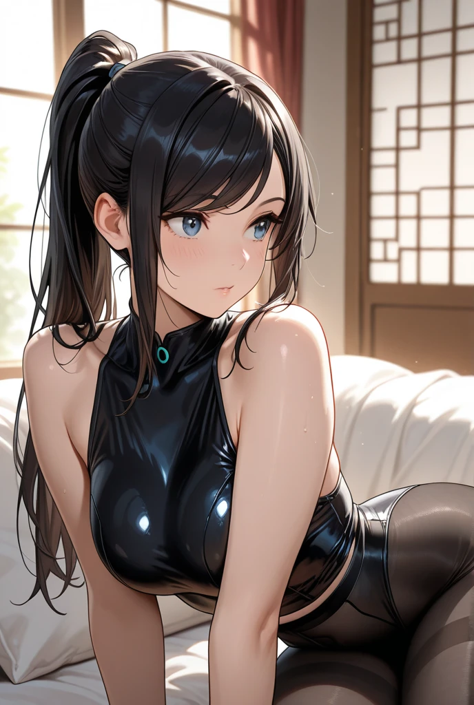 1girl, solo, breasts, looking at viewer, bangs, blue eyes, large breasts, black hair, thighhighs, gloves, dress, bare shoulders, closed mouth, sidelocks, thighs, food, sleeveless, black gloves, elbow gloves, shiny, black thighhighs, indoors, blunt bangs, hair bun, double bun, sleeveless dress, chinese clothes, red dress, china dress, bridal gauntlets, pelvic curtain, side slit, shiny clothes, latex, restaurant, latex gloves