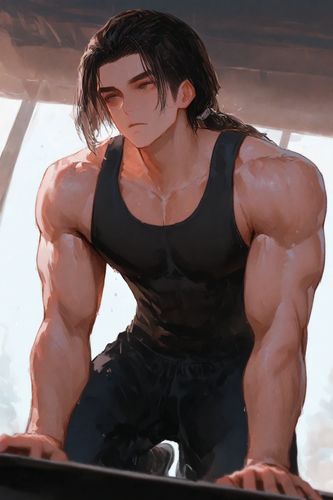 Masterpiece, ultra detailed, half body, close-up, 1 man, shoulder-length hair, black hair, blue eyes, black sleeveless sweater, buggy pants, defined muscles, sandals, close-up