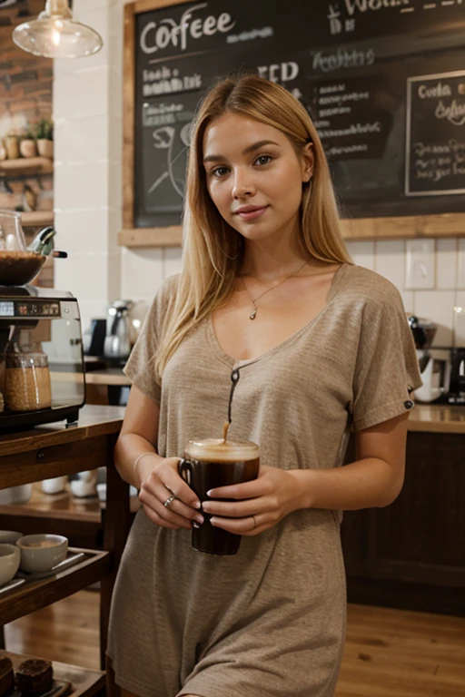 best quality,ultra-detailed,realistic:1.37,portrait,blonde girl,beautiful detailed eyes,beautiful detailed lips,freckles,cafe interior scene,wooden tables and chairs,soft lighting,coffee cups,barista behind the counter,detailed facial expression,peaceful atmosphere,vivid colors,subtle warm color tone