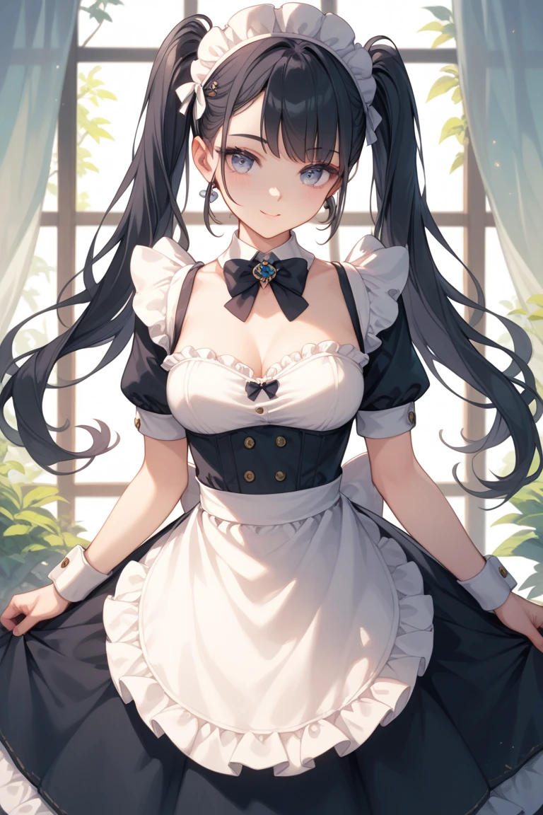 nozomitoujou, Nozomi-san always, Green Eyes, Long black hair, Curly Hair, Large Breasts, masterpiece, Highest quality, High resolution, Beautiful attention to detail, Highly detailed face, Good lighting, Detailed CG, garden, Glossy Lips, Maid, Short puff sleeves, small Maid apron, Thigh-high socks