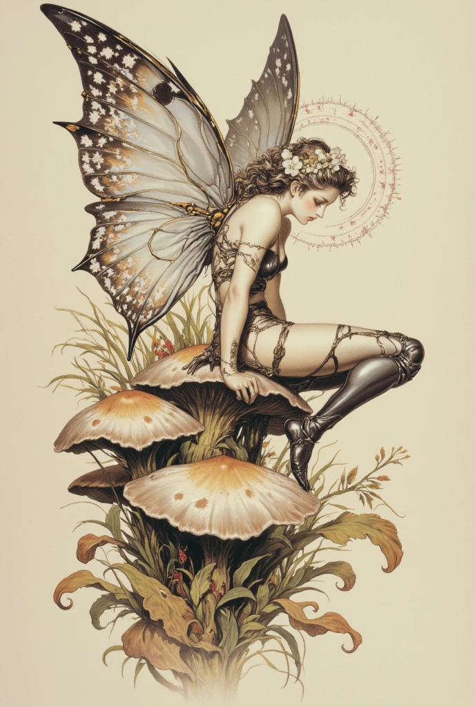 Beautiful bee lady with bee wings.Whimsical charcoal pinup bee."