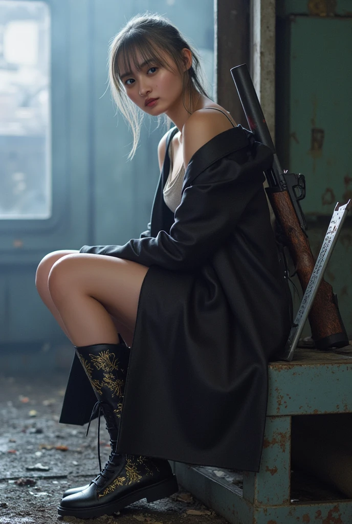 (realisitic,Photorealsitic:1.4),(1 Beauty:1.3),(beautiful countenance:1.5),Detailed shiny skin,A detailed eye,Precise hands and fingers,8K HDR, , ​masterpiece, (Dynamic angle footage),电影灯光, Finely drawn backgrounds,(steampunc,Decadent,Sci-fi,Mud, dust and dirt,Traces of war:1.2)Beautiful Ukrainians,Spring outfit,blondehair,One knot of hair,moscow,Inside the building,Jumping off,Composition looking up from your feet,