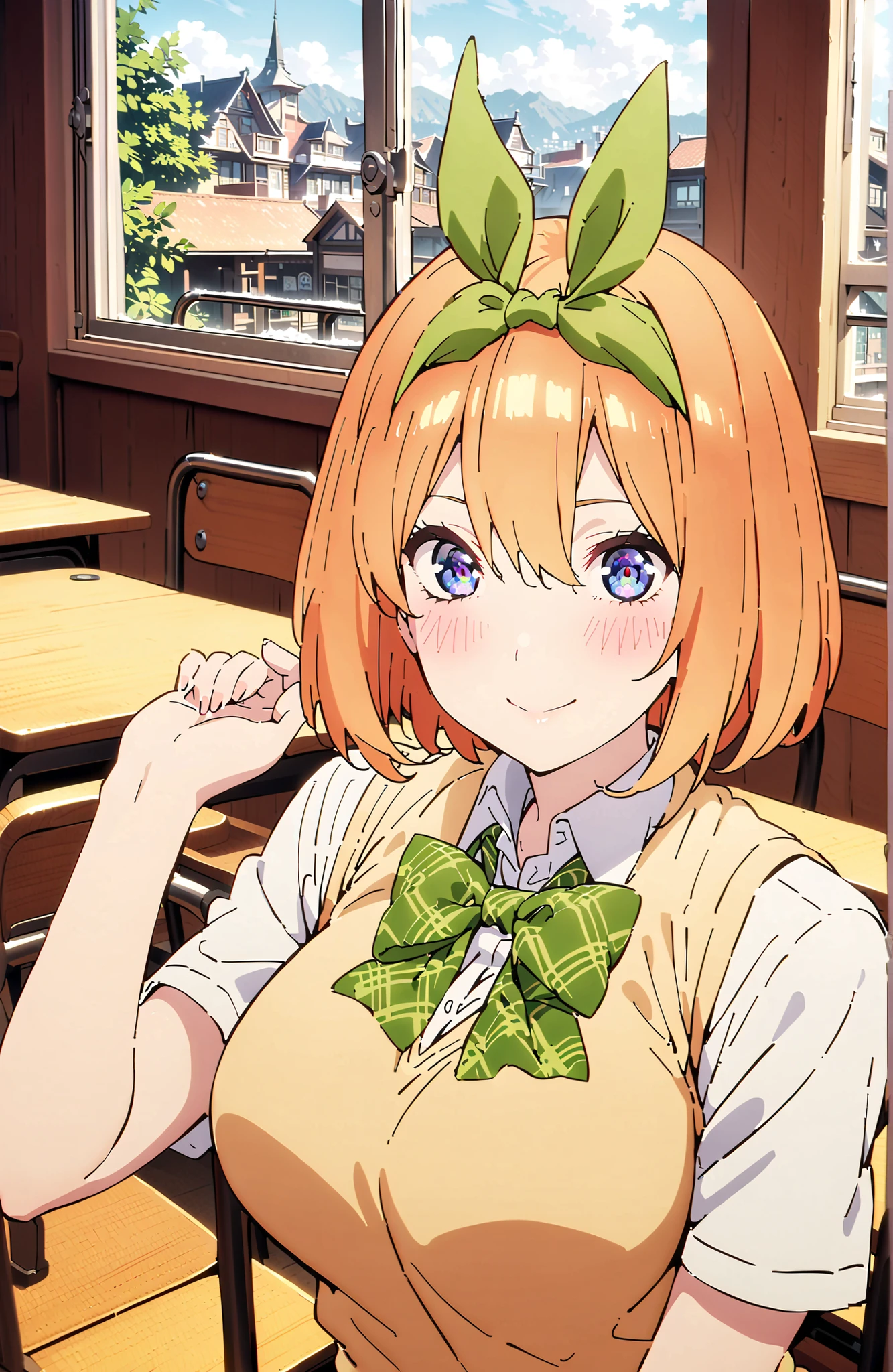 score_9, score_8_up, score_7_up, 中野四葉, solo,bungs, short hair, blue eyes, hair between eyes, hair ribbon, headband, orange hair, (green ribbon:1.5), smile,blush,grinning,Big Breasts,
in their 40s skirt, shirt, bow, ribbon, uniform, white shirt, short sleeve, green mini pleated skirt, collared shirt,bowtie, black socks, loafers, green bow, sweater vest, green ribbon, (yellow sweater vest:1.5),Holding a green bouquet with one hand,standing,curtains,window,machine,chairs, Flower blowing snow, Beautiful Streetscapes,
in their 40s indoors, Classroom,
in their 40s looking at viewer,full body,
in their 40s (masterpiece:1.2), Highest Quality, high resolution, Unity 8k Wallpaper, (Illustrations:0.8), (beautifully detailed eyes:1.6), very detailed face, perfect lighting, very detailed CG, (perfect hand in h, perfect anatomy),