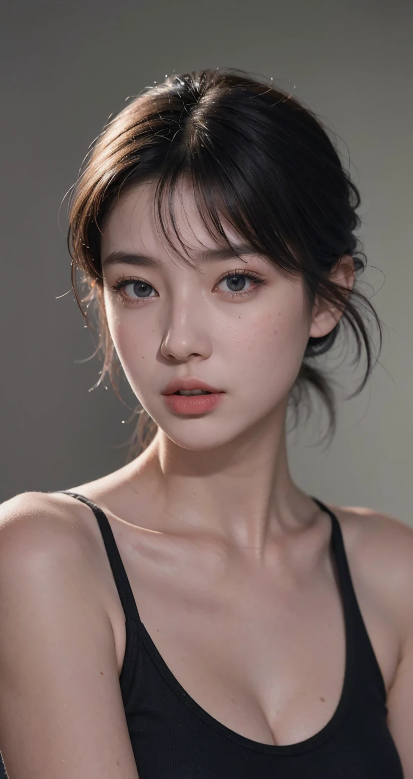 1girl masterpiece, Best quality, ((Pure blue background)), Black hair, Floating hair, Blushing, View viewers, Sheer white t-shirt, Happy, ((front)),Upper body, Close up,FilmG,
