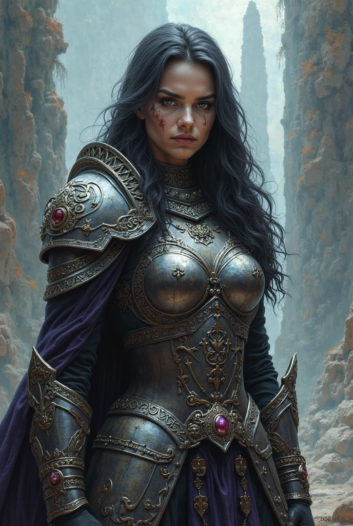 fantasy portrait of cute woman Warlock. illustration, close up, holding steel greatsword in hand (painting:0.5), brush strokes, <lora:bgp:0.4>