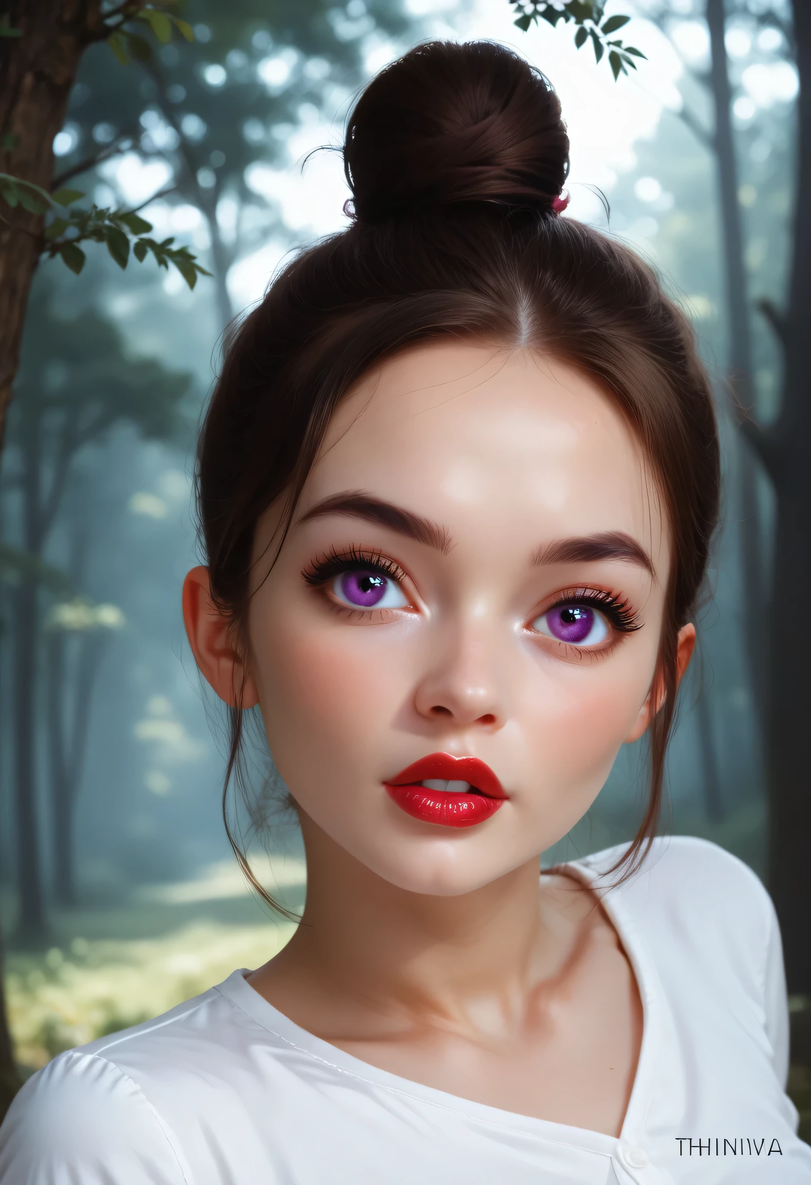 forest, 1girl, (perfect face), (big top knot hair), dark brown hair, black eyebrows, thin eyebrows, black eyeliners, big eyes, purple eyes, blush, bright red lips, thick lips, v-neck shirt, white v-neck shirt, medium breasts