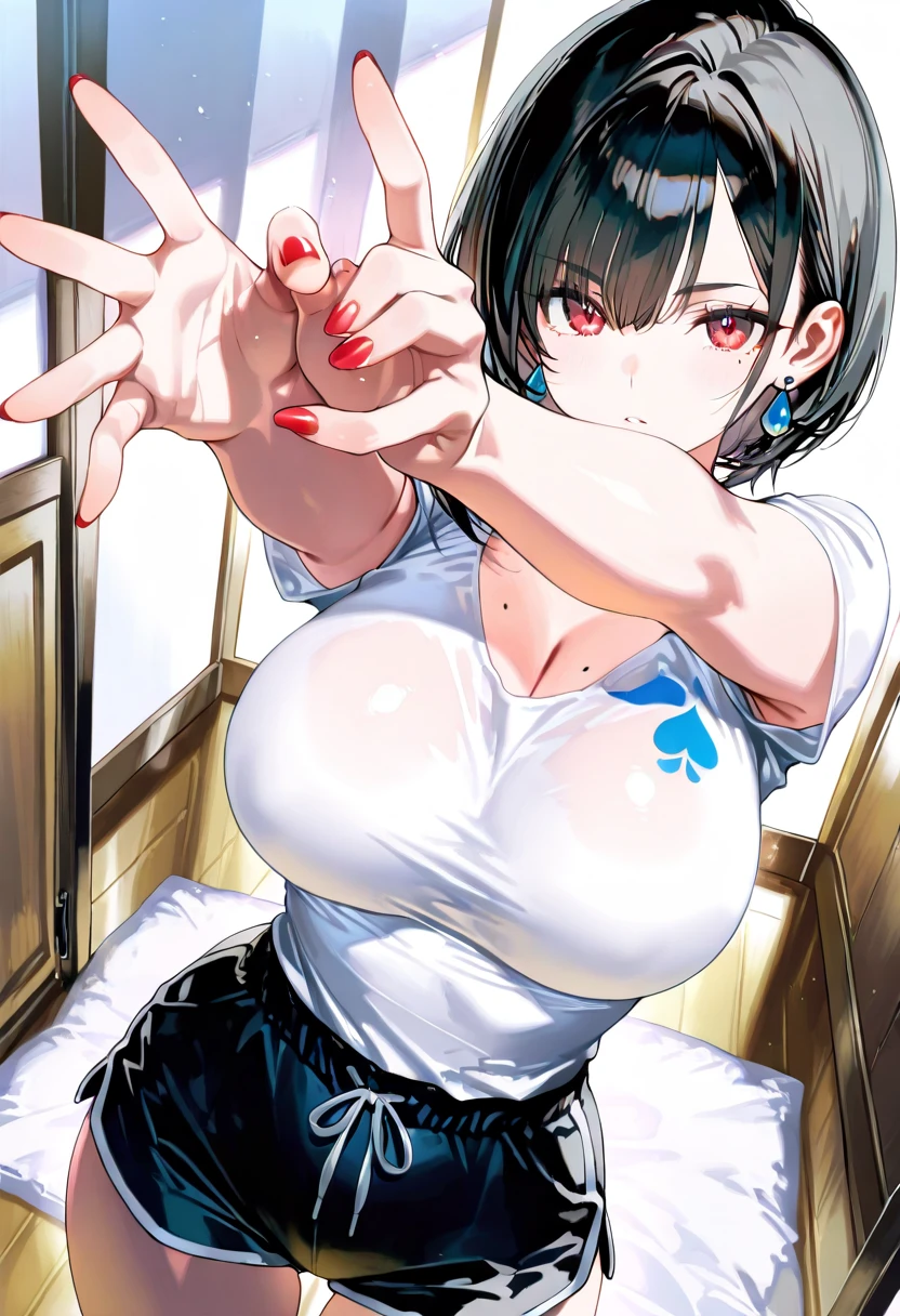 In the toilet、Short black hair、Mature woman in red long sleeve gym uniform and oversized pink rubber gloves strokes penis
