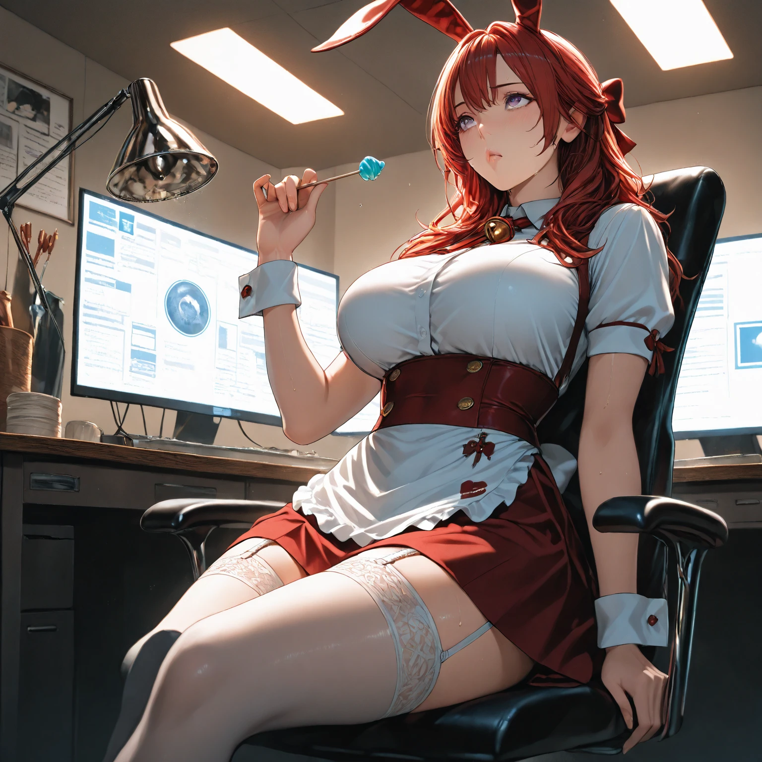 1girl, solo, (masterpiece, best quality:1.4),((best quality)), ((highly detailed)), masterpiece, absurdres, (detailed eyes, deep eyes), bunny girl, red hair, long hair, bangs, amber eyes, white pupils, thrilled smile, D-cup, full breasts, deep cleavage, rabbit ears, headset, headphone's, ear piece, fake rabbit ears,rabbit tail, red leotard, detached collar, red bow, bare shoulders, black pantyhose, wrist cuffs, excited expression, smiling, teeth, front of the computer doing a Twitch livestream, the girl is a Twitch streamer, Twitch streamer/gamer, Speaking into the microphone, highly detailed background, the microphone is close to the girls head, (Background: Indoors, in a room with red and yellow coloring:1.4, desk, chair, microphone, mouse, keyboard, There are multiple computer monitors), sitting on a chair, depth of field, UHD, masterpiece, best quality