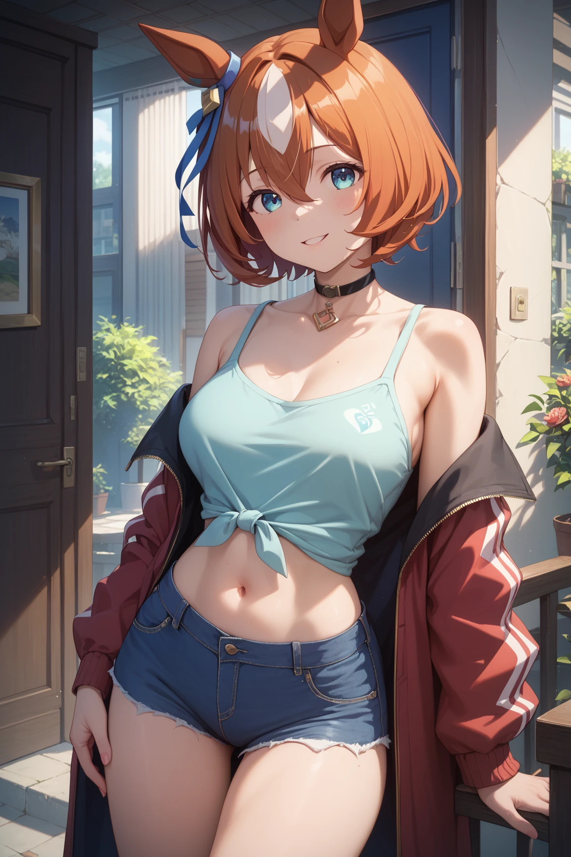 1girl, solo, orange hair, twin buns, blue eyes, eyeliner, light grin, medium breasts, white hoodie with light blue hood, black choker, denim shorts, light blue sneakers, frow below