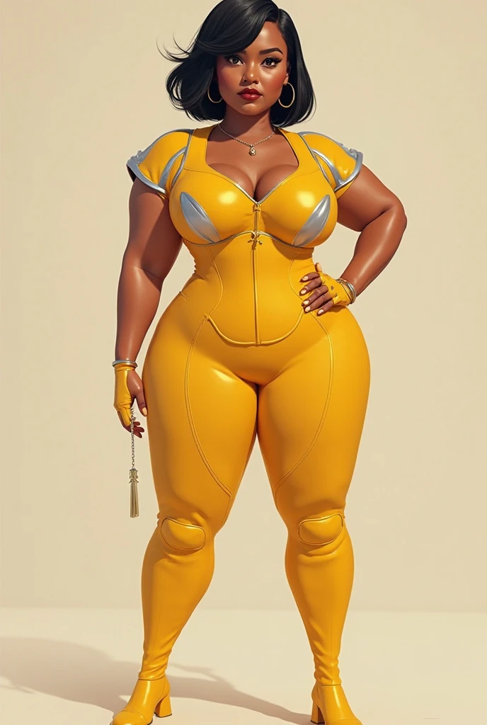 ((masterpiece)),(((best quality))),((character design sheet)), ((full body view)) ((black woman)), ((seductive eyes:1.4)), defined cheekbones, high cheekbones, illustration, muscular, ((gold:1.4)), sexy bimbo, (gigantic breasts:1.7) (black hair), ((detailed face:1.4)) beautiful woman, ((curly hair:1.4)), colored skin, ((black skin:1.4)) , (red lipstick:1.4), shiny skin, scribbles and marks,(puffy lips:1.4) ,(yellow disco outfit:1.3), bell bottom pants,open shirt, rough sketches, pose, 8k,16k, ( background, white background: 1.3), yellow arms, yellow legs, black torso, yellow and black color palette, ((beautiful face))