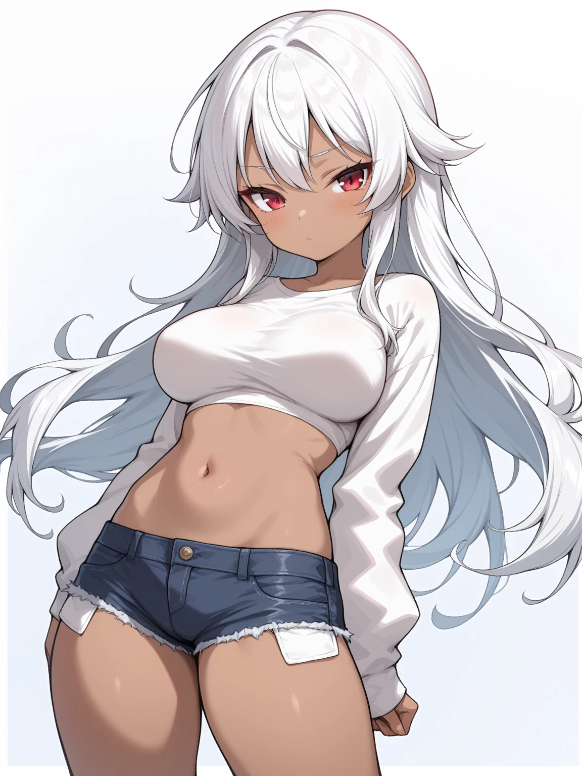 girl, white hair, feathered hair, long hair, gradient eyes, blue eyes, midriff, perfect skin, perfect lighting, simple white background, seductive smile, open mouth, blush, loose shirt, v neck, t shirt, long sleeves, cropped whirt, jean shorts, extremely detailed eyes, crystalline eyes, collarbone, head tilt, skinny, slim, long eyelashes, thighs, skindentation, 
<lora:ldz1:0.9>