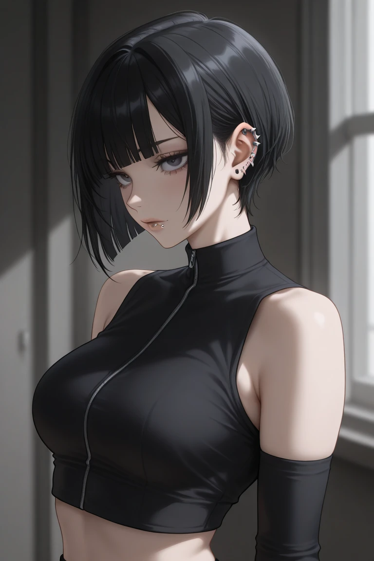 (view from back) woman Lying on stomach with hands propping up head, (shirt, tie, pants:0.5) (detailed realistic face), (((hyperdetailed))), zoomed out, symmetrical face, detailed pupil, expressive eyes, makeup, real photography, modern look, Real photography (Realisitc:1.5), han Sooyoung 