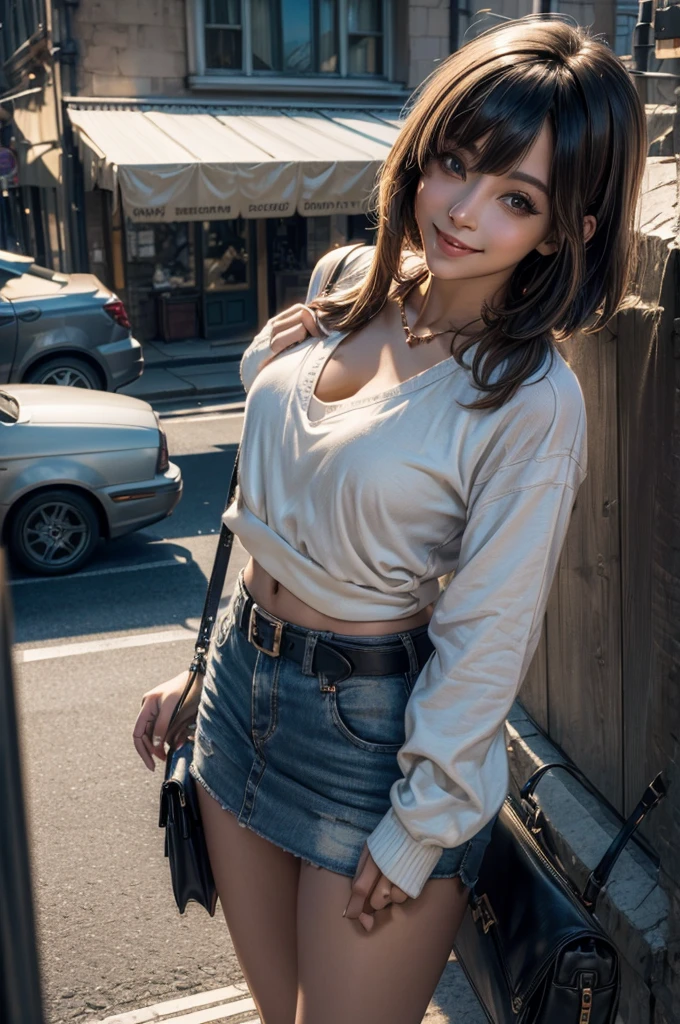 ((Best quality, 8k, Masterpiece: 1.3)), Sharp focus: 1.2, 1 aespa girl, beautiful face girl, cute face, age 24, small breasts, flat chest, short messy hair, sitting, white casual shirt, skirt, terminal, station, take a baggage, sunlight, dramatic angle, kindness, cinematic lighting, (8k, masterpiece, best quality, raw photo)