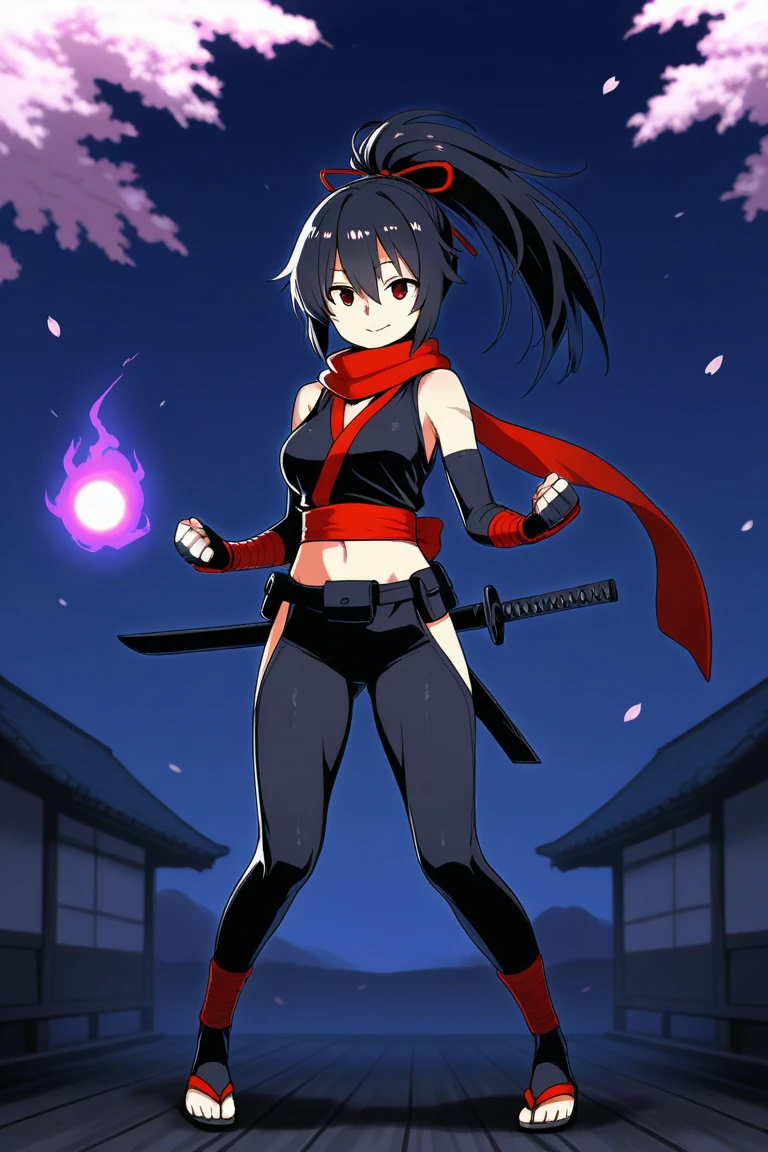Kuno,red eyes,ponytail,long hair,dark blue hair,ninja mask, red hair ribbon, full body,
KNgear,bandages,red scarf,cleavage,midriff,ninja,gloves,
dojo, nighttime, moonlight,
(insanely detailed, beautiful detailed face, masterpiece, best quality) <lora:Kunoichi:0.8>