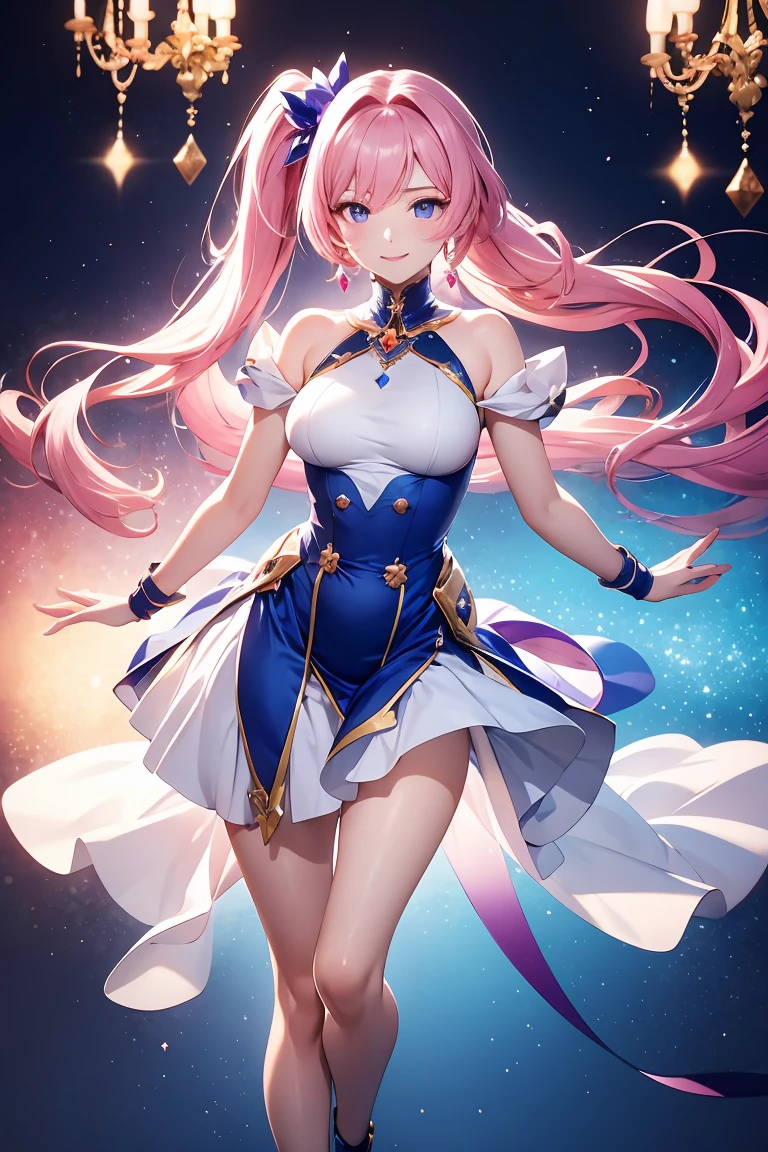 (((anime-style cute face)))、(((20-year-old woman))),(((Light blue twintails))),Highest quality, ((Sharp details)), (8k, RAW Photos, Highest quality, masterpiece), (looking at the camera),((((Cute Smile))))、Very big eyes、anatomically correct body、Big thighs、The face is bright、Professional Lighting、Cute little breasts、Cleavage exposure:1.5、Short skirt、Lewd、blush、Full body view、magical and whimsical dress designed to evoke a fairytale princess aesthetic,
shimmering white dress with intricate gold filigree and pastel rainbow accents that create a radiant, (short puff sleeves), sunburst effect, iridescent pink bow sits at waist, emphasizing narrow silhouette before skirt billows out, A brooch made of large jewels and ribbons on chest, White gloves with beautiful lace decoration,
voluminous multi-layered skirt with ruffle trim, ball gown silhouette, each layer transitioning through a spectrum of pastel colors, from soft pinks to gentle blues, each edged with golden glitter and tiny, sparkling stars, material is semi-translucent, catching light to reveal hidden layers of tulle beneath that add depth and movement, Decorative elements like gold piping, celestial motifs, crystal embellishments are meticulously placed to enhance the enchanting look,
(large ribbon on head), (white over knee socks with pink ribbon decoration), (pumps with heels), Dark and vulgar dance hall、Bathed in lots of colorful spotlights、Erotic dance