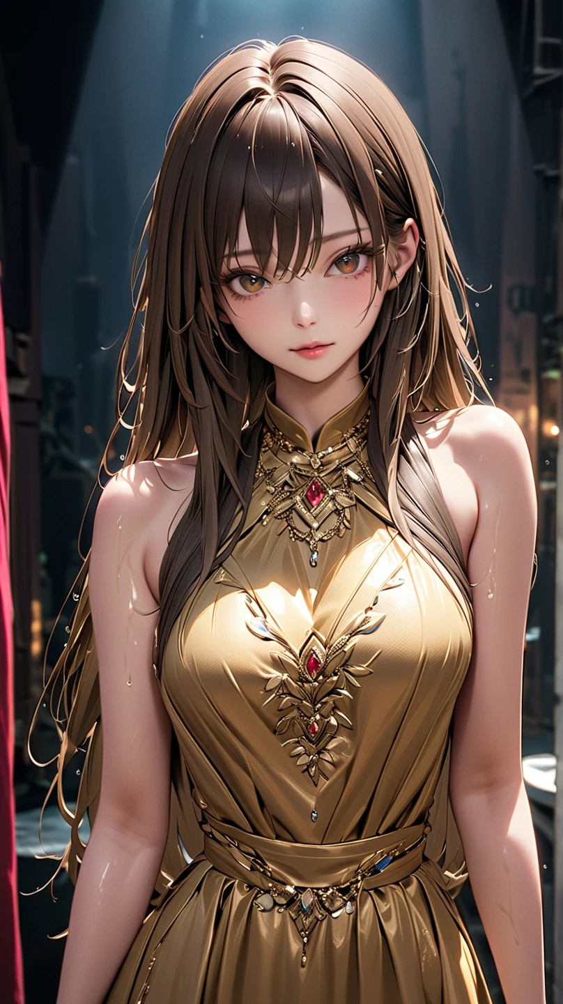A girl with smooth amber hair,red eyes, fair skin tone, slender and athletic built, warrior wear, detailed hair, detailed body, aesthetic, realistic, Wide-Angle, best quality, 8k