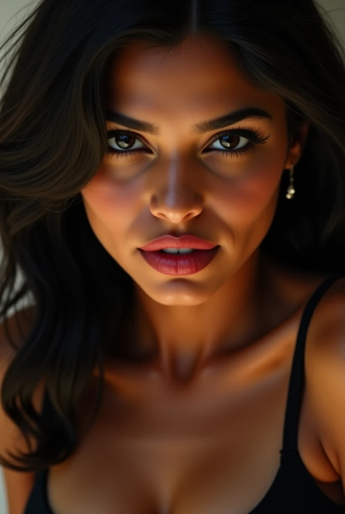 black female blkmndy, aggression, flirting with the camera, natural skin texture, hyper realism soft light, close up portrait photo by Annie Leibovitz, film, studio lighting, detailed skin, ultra realistic, bokeh, sharp feature
