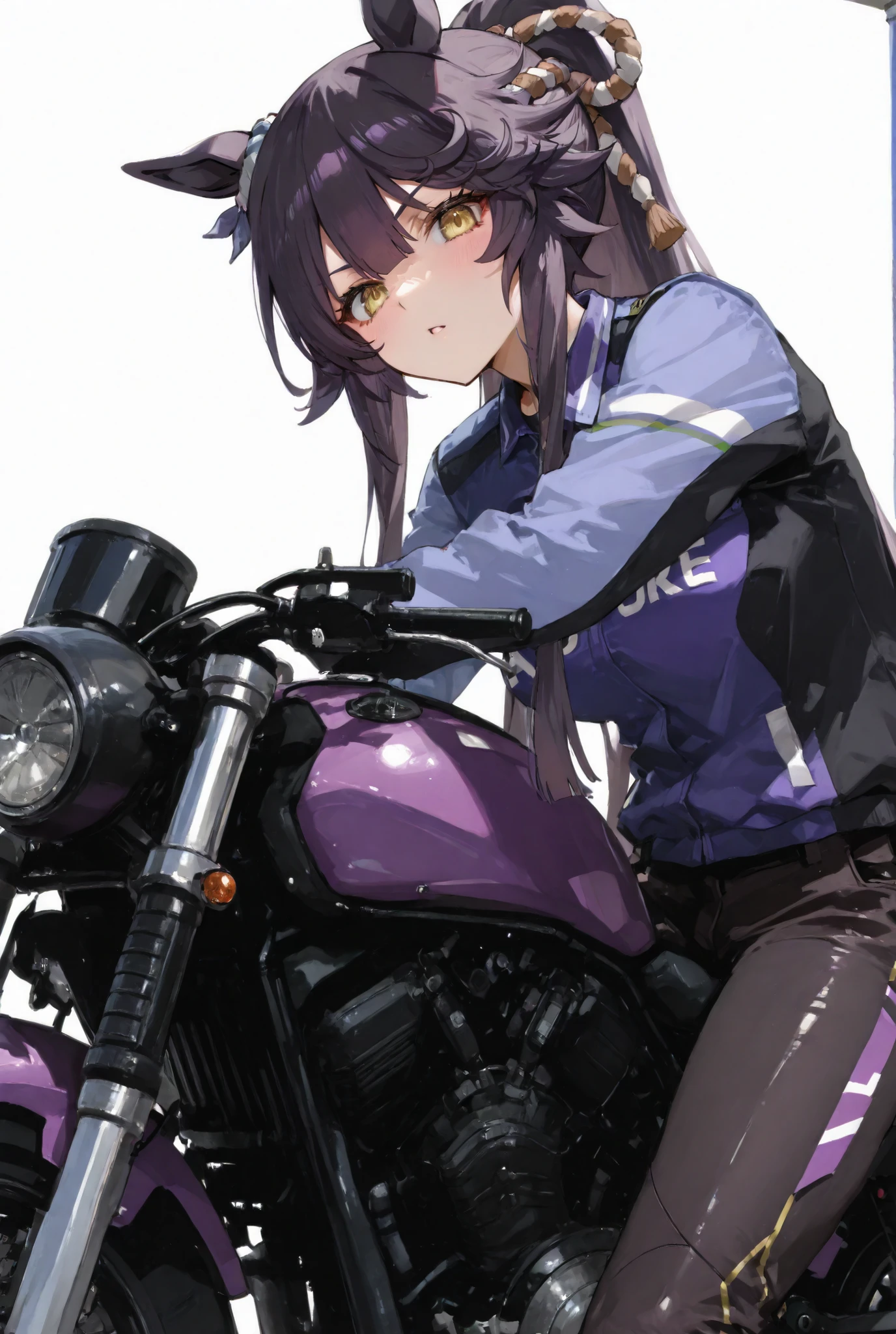 masterpiece、Narita Brian(Uma Musume)、yabuki、High Quality、8K、1 girl、Scout Bobber、lthr1 jacket、ride motorcycle