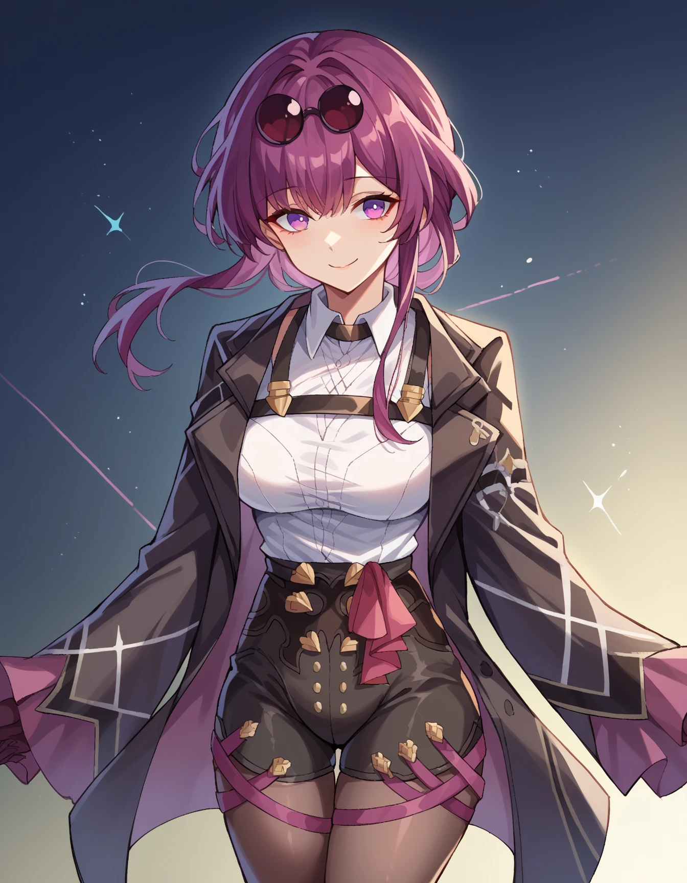score_9, score_7_up, source_anime, solo, come hither, smile, cowboy shot, BREAK <lora:kafka-guy-PONY-LyCORIS-v1:1> kafka, sidelocks, hair between eyes, eyewear on head, earrings, pince-nez, sunglasses, white shirt, collared shirt, long sleeves, black jacket, jacket over shoulder, arm belt, chest harness, purple gloves, high-waist shorts, black shorts, pantyhose under shorts, purple pantyhose, thigh strap, single thigh boot