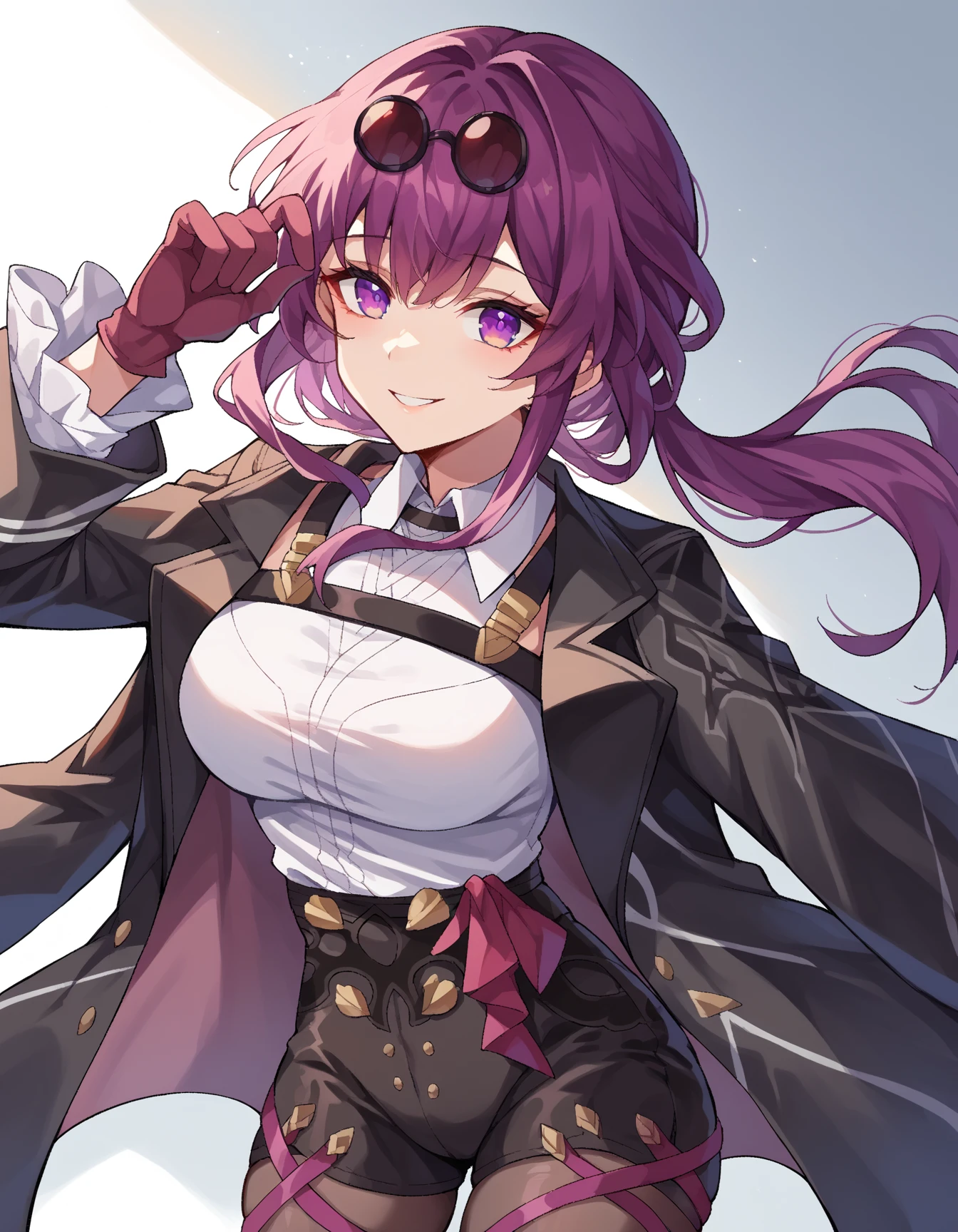 ,1girl,solo,upper body,,pantyhose,eyewear_on_head,jacket,shirt,<lora:Qszb>,<lora:kafka:1>, masterpiece, best quality, very aesthetic, absurdres