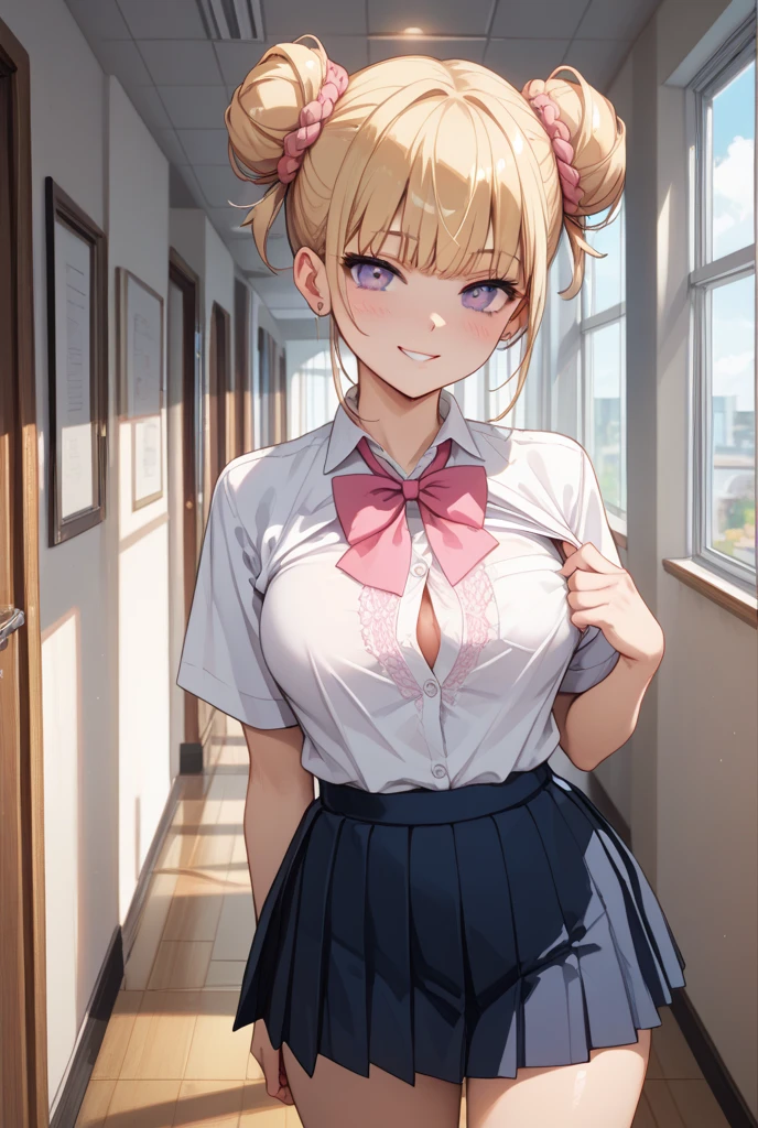 In 8K、highest quality、masterpiece、Super detailed、ultra high resolution、anime style、1 female、school classroom、white blouse、brightly printed panties、red pleated skirt、brightly printed bra、Lens flare、(Cat ear)、Bob cut blonde hair、big breasts、open your mouth 、smile、full body shot、Pink nipples are visible